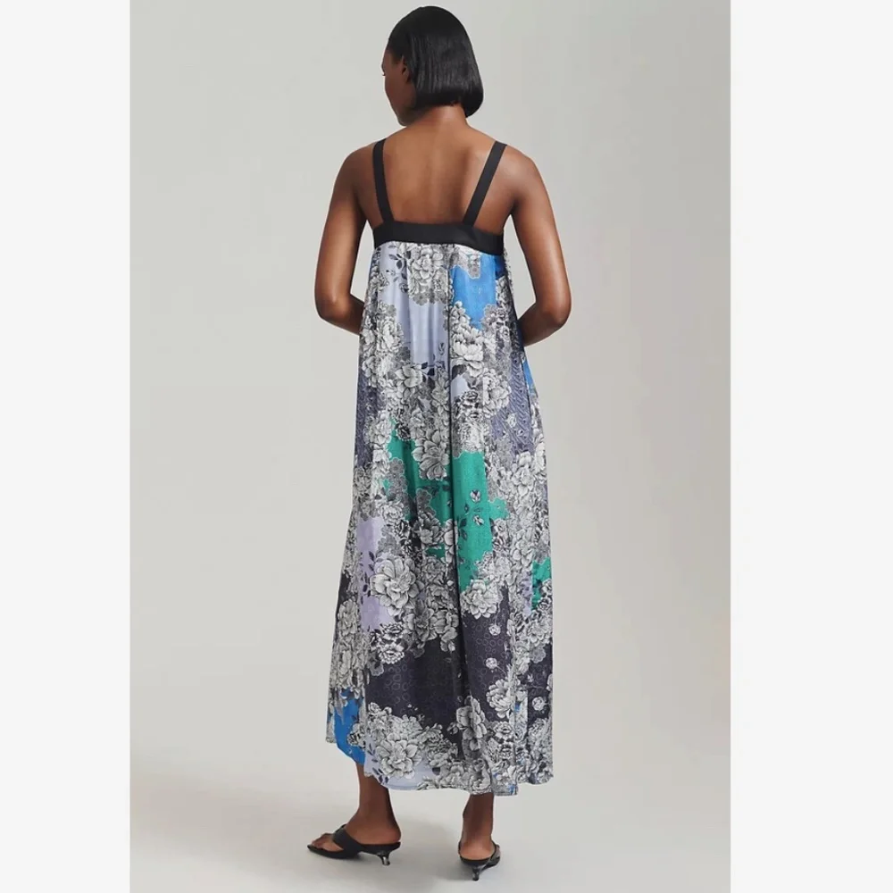 ATSU ANTHROPOLOGIE WOMENS PRINTED MAXI DRESS FLORAL SLEEVLESS SIZE LARGE BLACK - Picture 3 of 10